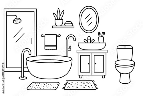 Bathroom Doodle Illustration. Contemporary Bathroom. Hand-drawn doodle illustration contemporary bathroom bathtub, freestanding faucet, towel, sink, mirror,