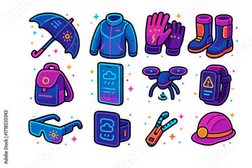 Futuristic Weather Gear Icons. Colorful isometric vector icons set of futuristic neon weather gear: tech umbrella with HUD, climate-reactive jacket, LED