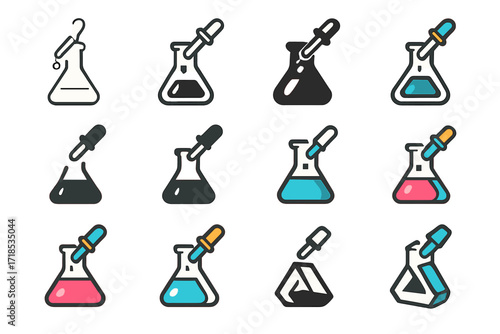 Colorful Flask Icons. Set Logo of Flasks: Flask and pipette icon. Logo set in vector style, emblematic variations. line, bold thick line, solid black filled,