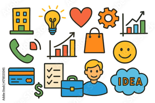 Colorful Business Doodle Icons. Colorful Hand-drawn doodle Children illustration Business Canvas icons building, light bulb, heart, gear, phone, chart,