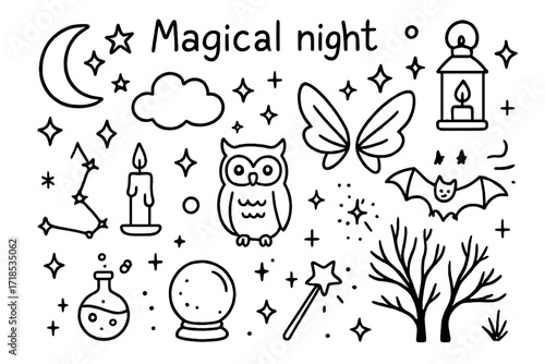 Magical Night Doodles. Hand-drawn doodle illustration Magical night [moon, stars, cloud, sparkles, lantern, candle, crystal ball, owl, bat, fairy wings, tree