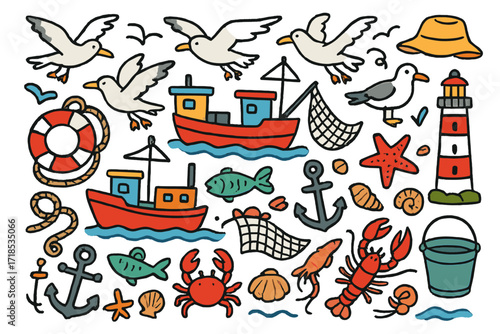 Seaside Doodle Fun. Colorful Hand-drawn doodle Children illustration Seagulls flying with fishing boats seagulls, fishing nets, anchor, fish, crab, lobster,
