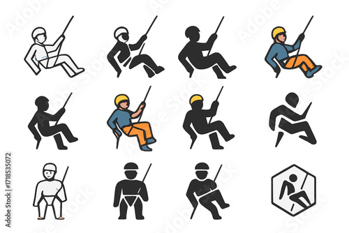 Rock Climber Logo Variations. Set Logo of Rock Climber: Climber descending with rope. Logo set in vector style, emblematic variations. line, bold thick line,