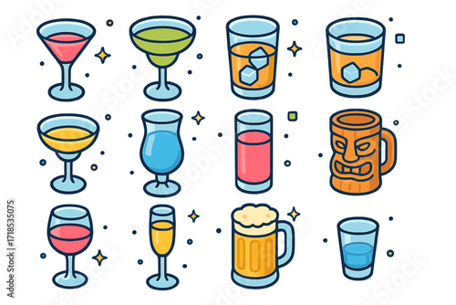 Colorful Glassware Icons. Glassware. Colorful isometric vector icons set of glassware: martini glass, margarita glass, highball glass, rocks glass, coupe