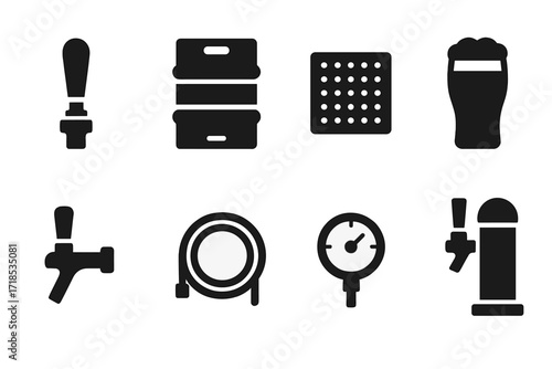 Beer Equipment Icons. Solid, filled icon set of tap bar equipment: tap handle, keg, drip tray, beer glass, tap faucet, coiled hose, pressure gauge, tap tower.