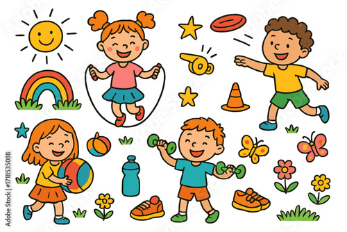 Playful Kids Doodle. Colorful Hand-drawn doodle Children illustration kids exercise happy children, ball, skipping rope, frisbee, whistle, cones, water bottle,