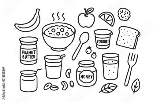 Healthy Breakfast Doodles. Hand-drawn doodle illustration healthy breakfast oatmeal bowl, banana, apple, orange slice, granola, yogurt cup, spoon, berries,