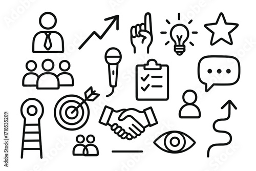 Office Leadership Doodles. Hand-drawn doodle illustration Office leadership and influence [leader icon, rising arrow, hand gesture, microphone, star,