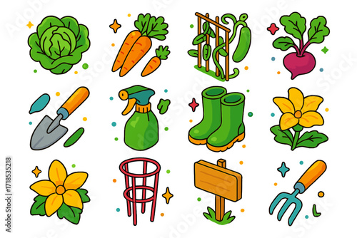 Backyard Garden Icons. Colorful isometric vector icons set of Backyard vegetable garden: lettuce head, carrot bunch, trellis with beans, cucumber vine, garden
