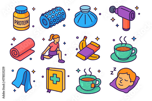Post-Rowing Recovery Icons. Colorful isometric vector icons set of post-rowing recovery: protein shake, foam roller, ice pack, massage gun, yoga mat,