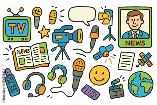 Child's TV Doodle. Colorful Hand-drawn doodle Children illustration TV broadcasting television, news anchor, camera, microphone, lights, speech bubble, star,