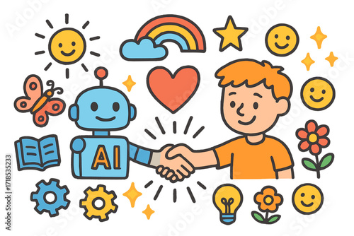 Human-AI Partnership Doodle. Colorful Hand-drawn doodle Children illustration Humanity and AI Partnership handshake, robot, human, heart, rainbow, star, sun,