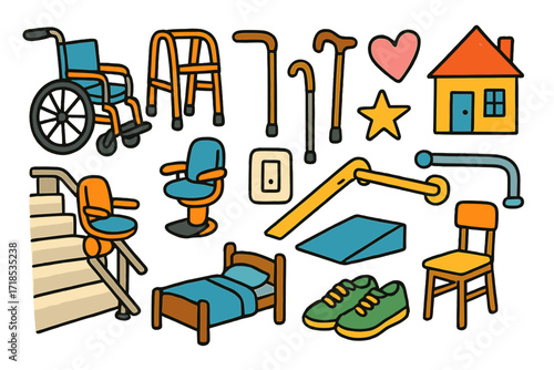 Mobility Aid Icons. Mobility support. Colorful Hand-drawn doodle Children illustration wheelchair, walker, cane, crutch, stairlift, ramp, grab bar, heart,
