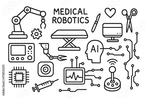 Medical Robotics Doodle. Hand-drawn doodle illustration Medical robotics [robot arm, surgical tools, control panel, heart icon, operating table,