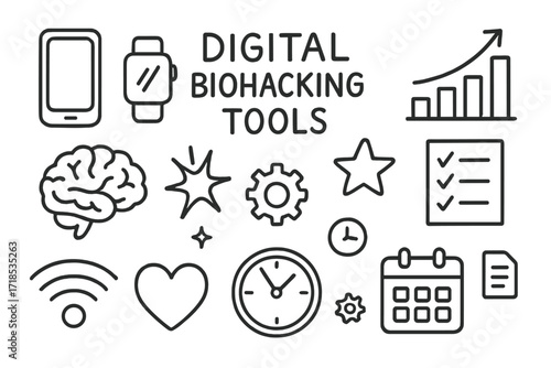 Biohacking Tools Doodles. Hand-drawn doodle illustration Digital biohacking tools [smartphone, smartwatch, laptop, graph, chart, checklist, brain, spark, star,