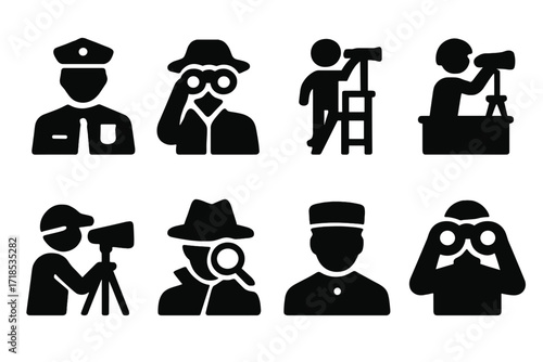 Watcher Roles Icons. Solid, filled icon set of watcher roles: security guard, scout, lifeguard, sentry, wildlife observer, detective, watchman, lookout. Solid,