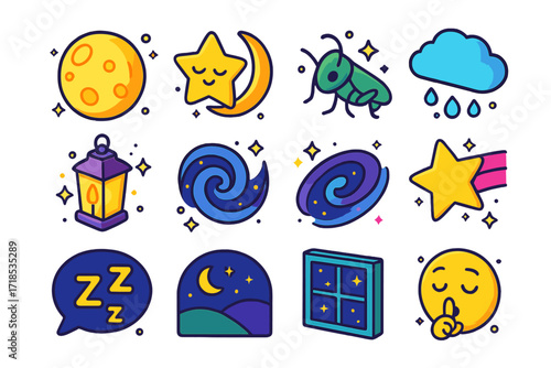 Nighttime Icon Set. Colorful isometric vector icons set of nighttime calm: full moon, crescent moon, sleepy star, cloud with raindrops, glowing lantern,