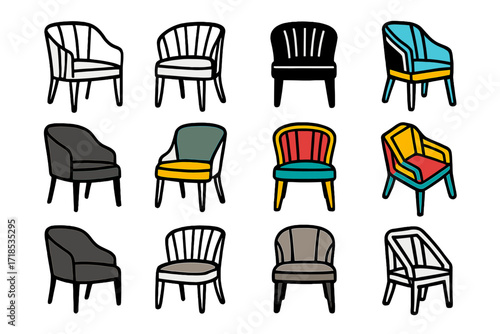 Art Deco Chair Logos. Set Logo of river rafting adventure: hiker with a paddle and backpack. Logo set in vector style, emblematic variations. line, bold thick