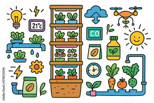 Kids' Vertical Farming Doodles. Colorful Hand-drawn doodle Children illustration Vertical Farming tower garden, plant shelves, grow light, water pipe, drone,