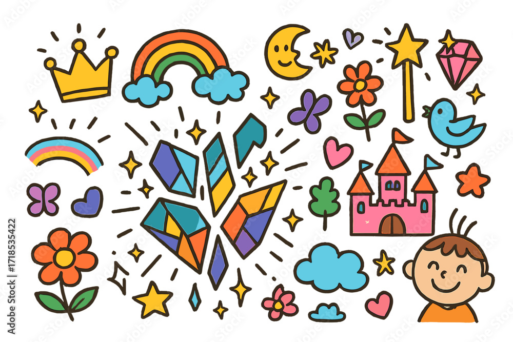 Fototapeta premium Enchanted Children's Doodles. Colorful Hand-drawn doodle Children illustration Enchanted Broken Glass sparkling shards, crown, rainbow, castle, gem, wand,