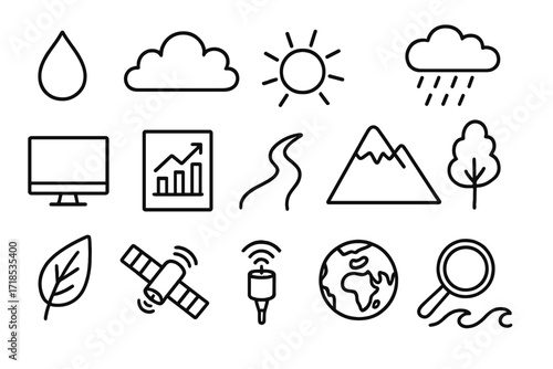 Water Cycle Doodle Icons. Hand-drawn doodle illustration digital twins for water cycle droplet, cloud, sun, rain, river, computer, chart, mountain, tree, leaf,