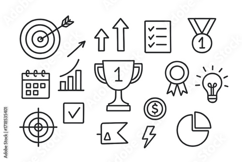 Goal Achievement Icons. Hand-drawn doodle illustration goal tracking and achievements target, bullseye, checklist, medal, progress chart, trophy, arrows,