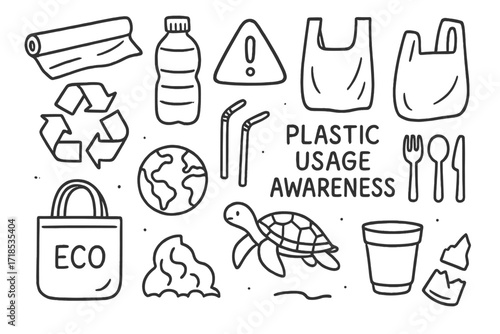 Plastic Pollution Awareness. Hand-drawn doodle illustration [Plastic usage awareness] [plastic wrap, bottle, trash bin, plastic bag, warning sign, recycle