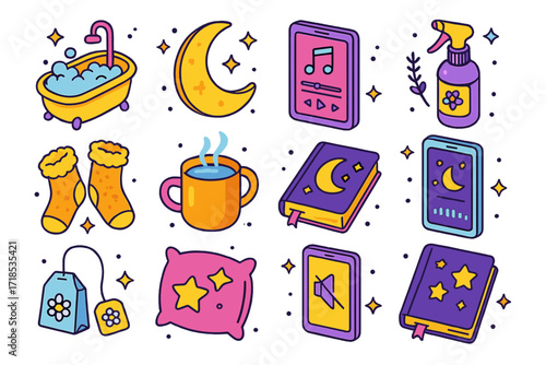 Nighttime Relaxation Icons. Colorful isometric vector icons set of nighttime relaxation routine: hot bath icon, moon-shaped light, calming playlist screen,