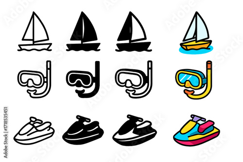 Coastal Adventure Icons. Icon Set of Beach Landscapes and Coastal Beauty Marine Adventures: Sailboat, Snorkel mask, Jet ski. Icons set in vector style,