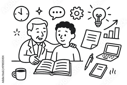 Mentor Guiding Startup. Hand-drawn doodle illustration Mentor guiding startup founder [two figures, open book, laptop, notebook, pen, chat bubble, gear, light