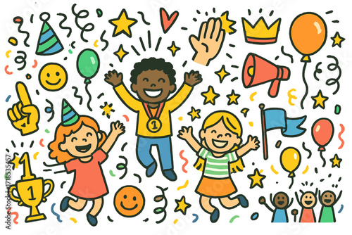 Celebratory Kids Doodle. Colorful Hand-drawn doodle Children illustration Victory celebration confetti, party hats, jumping winners, high five, gold medal,