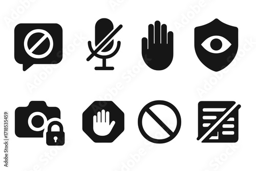 Media Censorship Icons. Solid, filled icon set of media censorship: crossed-out speech bubble, muted microphone, locked camera, stop sign, hand blocking,