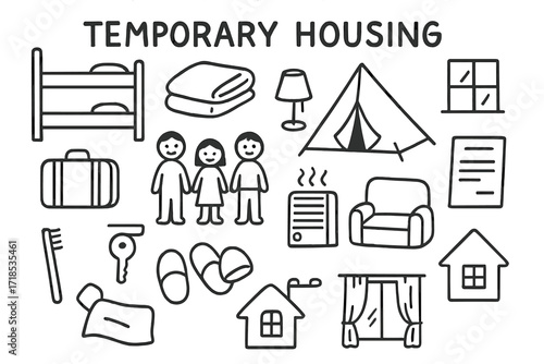 Temporary Housing Essentials. Hand-drawn doodle illustration [Temporary housing] [bunk bed, blanket, tent, family, lamp, suitcase, heater, window, paper form,