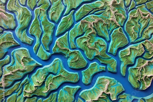 Detailed, stylized relief map of winding waterways and sculpted landmasses in vibrant greens and blues
