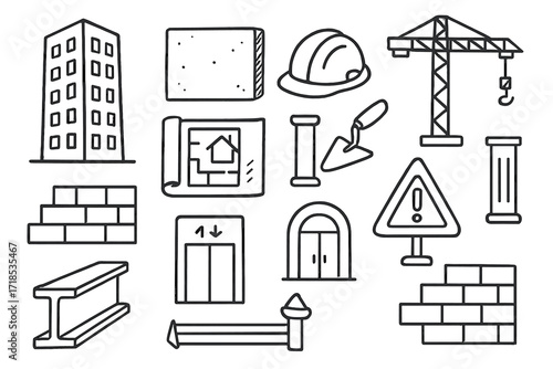 Construction Icon Doodle. Hand-drawn doodle illustration [monolithic building] [solid structure, tall building, concrete wall, crane, blueprint, hard hat,