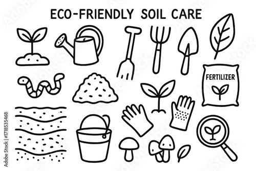 Eco-Friendly Gardening Icons. Hand-drawn doodle illustration [eco-friendly soil care] [plant seedling, watering can, shovel, rake, trowel, leaf, worm, compost