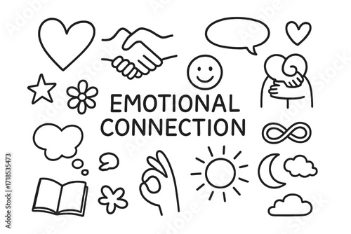 Emotional Connection Icons. Hand-drawn doodle illustration Emotional connection [two hearts, handshake, smiley face, hug, speech bubble, thought bubble, star,