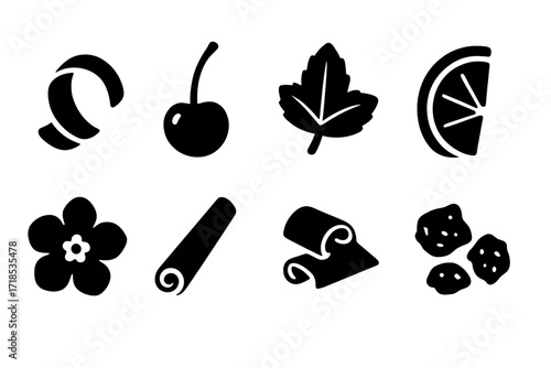 Liqueur Garnish Icons. Solid, filled icon set of liqueur garnishes: lemon twist, cherry, mint leaf, orange slice, edible flower, cinnamon stick, chocolate