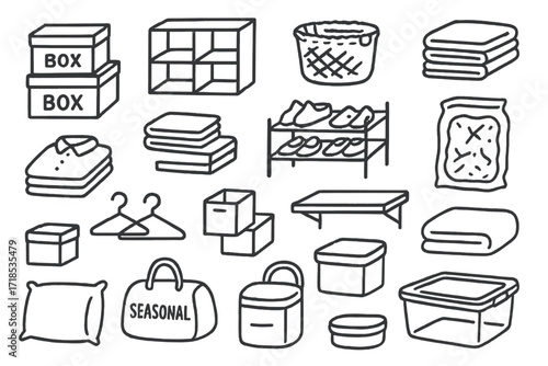 Minimalist Storage Doodle. Hand-drawn doodle illustration Minimalist storage labeled boxes, storage cubes, baskets, folded towels, folded shirts, books, shoe