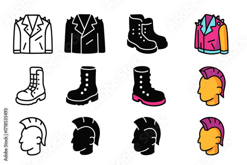 Punk Fashion Icons. Icon Set of Punk Rock Fashion: Spiked jacket, Studded boots, Mohawk hair. Icons set in vector style, emblematic variations. Spiked jacket