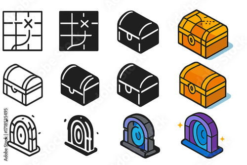 Isometric Level Design Icons. Icon Set of Level design: map grid, treasure chest, portal. Icons set in vector style, emblematic variations. Map grid line, map