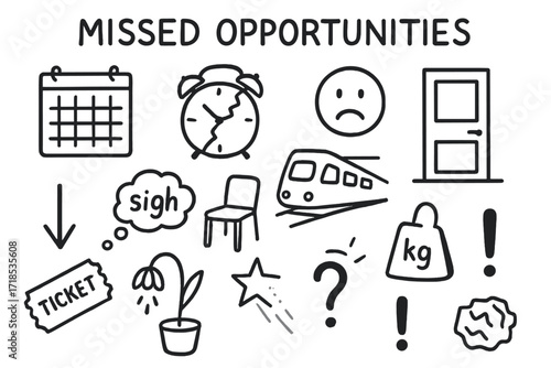 Missed Opportunities Icons. Hand-drawn doodle illustration missed opportunities calendar, broken clock, sad face, closed door, train leaving, empty chair, sigh