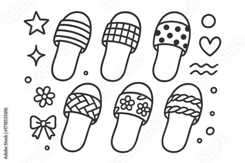 Patterned Sandal Doodles. Hand-drawn doodle illustration Sandals with Patterns [striped sandal, checkered strap, polka dot sandal, floral strap, braided strap,