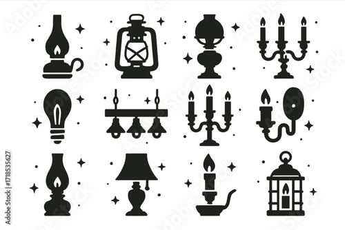 Vintage Lighting Icons. Vintage lighting. Solid icons set of vintage lighting: oil lamp, kerosene lantern, gas lamp, candle holder, Edison bulb, rustic