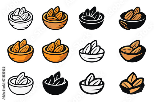 Whole Foods Logo Variations. Set Logo of Whole foods diet: Raw almonds in a wooden bowl. Logo set in vector style, emblematic variations. line, bold thick