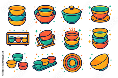 Colorful Bowl Icons Set. Colorful isometric vector icons set of stacked and arranged bowls: stack of ceramic bowls, nested mixing bowls, bowl with lid, bowl on