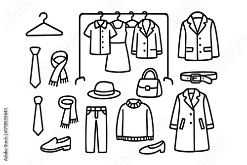 Clothing Shop Icons. Hand-drawn doodle illustration Clothing shop hanger, rack, shirt, dress, pants, blouse, jacket, shoes, tie, scarf, hat, handbag, belt,