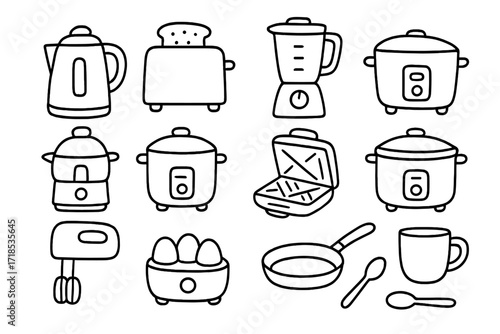 Kitchen Appliance Doodles. Hand-drawn doodle illustration Small kitchen appliances kettle, toaster, blender, coffee maker, juicer, rice cooker, sandwich maker,