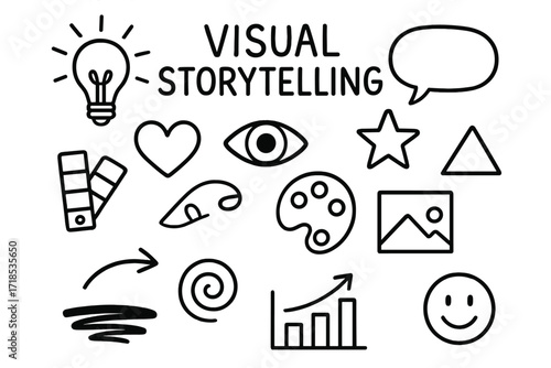 Creative Icon Doodles. Hand-drawn doodle illustration Visual storytelling with color light bulb, speech bubble, heart, eye, palette, swatch book, star, line