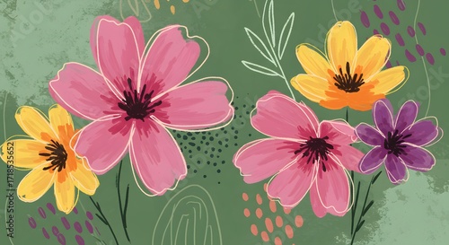 Colorful floral illustration featuring vibrant blossoms with detailed petals, set against a textured green background.